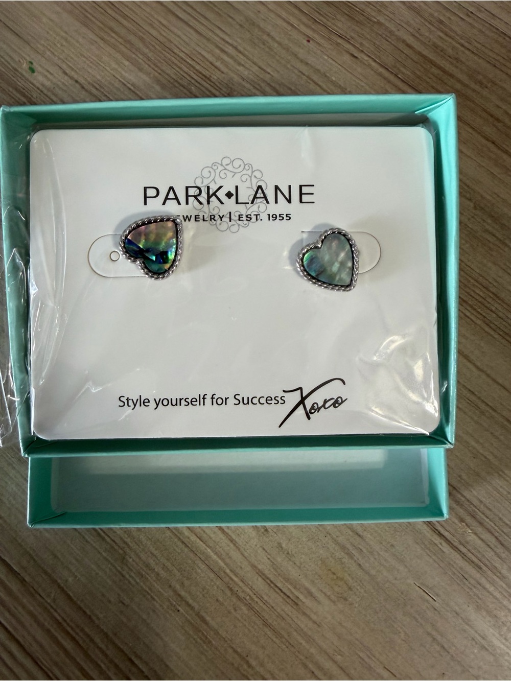 Park Lane Iridescent Abalone Heart Stud Earrings in Green-Blue